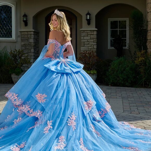New Layered Bahama Blue Off The Shoulder Quinceanera Gown w/ Lace up Back GL3708 - Picture 9 of 13